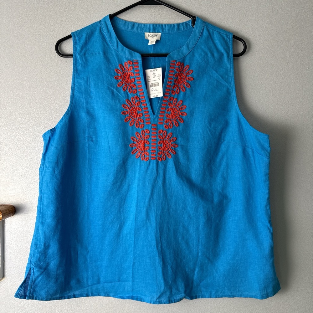 J. Crew Turquoise Sleeveless Linen Top with Red Embroidery
